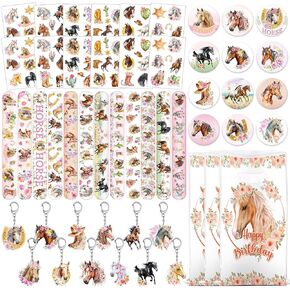 60 PCS Horse Cowgirl Party Favors ، وشم مؤقت للخيول ، وأساور صفعة ، وسلاسل المفاتيح ، وشارات ، وأكياس الهدايا لزخارف حفلة عيد ميلاد راعية البقر ومكافآت الفصل الدراسي