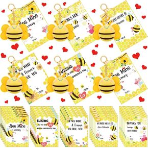 60 Pcs Bee Themed Valentine Gift for Kids with 30 Cards 30 Keychain for Bee Mine Themed Valentine Classroom Exchange Prizes Party Favor