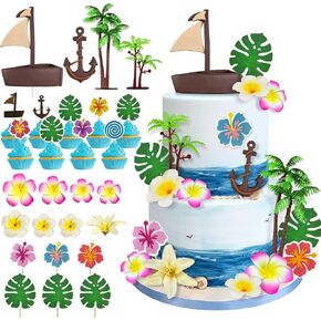 27PCS Coconut Tree Boat Hook Flower Cake Top Flower Cake Decoration Boat Birthday Party Decoration Supplies