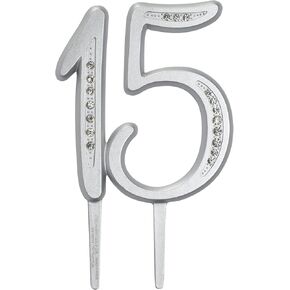 Decopac Diamond Number 15 Monogram Cake Topper ، زخرفة كعكة الراين الفاخرة ، لعيد الميلاد ، ذكرى الزفاف ، الحفلات ، التخرج ، التقاعد ، 3.5 بوصة ، فضية ، حزمة 1
