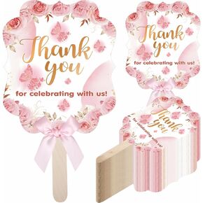 10 PCS Cake Topper Decoration Rose Wedding Fans with Bow Wooden Sticks للضيوف ، شكرًا لك على الاحتفال معنا