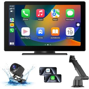 Portable Apple Carplay Screen for Car, 9" HD Car Stereo Screen with Android Auto& Carplay, 1080p Backup Camera, Voice Control, Mirror Link, Bluetooth, GPS Navigation, Aux- Fits All Vehicles