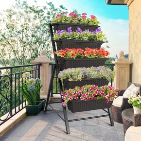 Homdox 3.74FT Vertical Raised Garden Bed, 5 Tiers Elevated Garden Planters, 23 * 26 * 45Inch Indoor Outdoor Raised Planter Box with 4 Hooks for Vegetables Flowers on Patio Balcony Garden, Brown
