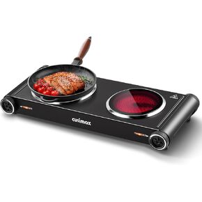 Cusimax Hot Plate,1800W Electric Stove Countertop Double Burner with Adjustable Temperature,Ceramic Glass Infrared Burner,Portable Hot Plates for Cooking,Compatible for All Cookwares