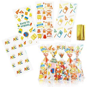Kesote 100 قطعة العودة إلى أكياس Goodie School ، واضحة Cellophane حلوى تعامل مع الأكياس كبيرة مع تويست العلاقات للعودة إلى الحفلة المدرسية لصالح الزخارف لوازم