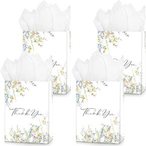 QIELSER 30 Pcs Thank You Gift Bags with Tissue Paper Floral Design Welcome Bags with Handle for Retail Shopping, Wedding, Baby Shower, Holiday, Party Favors, 8.3x6x3.2 in