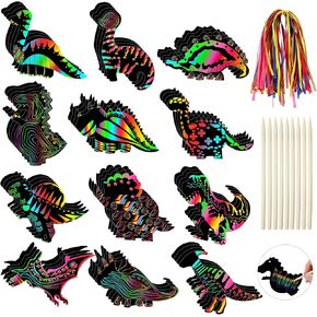 Deekin 72 PCS Dinosaur Scratch Cards Rainbow Paper Scratch Dinosaur Craft Kits Party Favors with 36 PCS Bamboo Stylus لألعاب الفصول الدراسية DIY Home Home ، 12 Styles