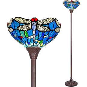 Capulina Tiffany Torchiere Floor Lamp 70 بوصة الارتفاع القطب الصناعي خمر اليعسوب الأزرق على طراز قائم على الطابق الأرضي للمكاتب المنزلية غرفة نوم غرفة نوم