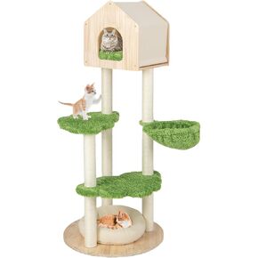 PETSITE 55 Inches Tall Cat Tree, Multi-Level Modern Cat Tower with Sisal Scratching Posts, Cat Condo, Side Cat Hammock and Cat Bed, Wood Cat Tree Tower for Indoor Cats