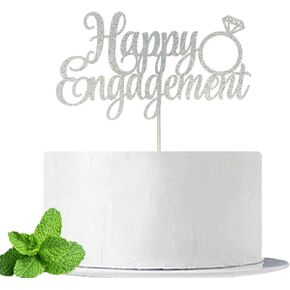 Happy Engagement Cake Topper, Just Engaged Cake Pick, Bridal Engagement Wedding Cupcake Decoration Party Supplies, Double Sided Silver Glitter