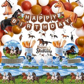mumufy 271 PCS الحصان الحفلات زخارف الحصان عيد ميلاد سعيد لافتة tablecloth الحصان احباط اللاتكس البالون رعاة البقر رعاة البقر لوحة مناديل الحصان شنقا دوامة كعكة الكب كيك topper