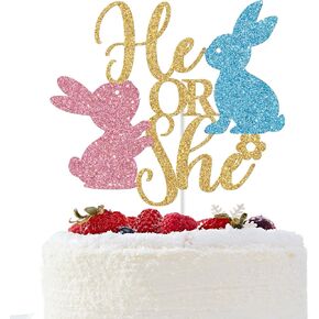He or She Cake Topper, Bunny Gender Reveal Cake Topper, Boy or Girl, Spring Easter Theme Baby Shower Gender Reveal Party Decorations Glitter