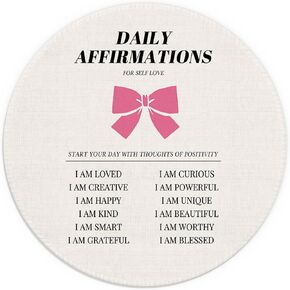 Daily Affirmations Inspirational Mouse Pad, Coquette Pink Bow Preppy Mouse Pad, Pink Desk Accessories for Women Office, Self Love Small Round Mouse Pads for Desk, 7.9x7.9 Inches