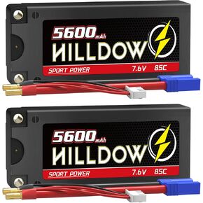 Hilldow 2S Shorty Lipo Battery عالية الجهد 7.6V 85C 5600MAH RC LIPO بطارية الصلبة مع رصاصة 5 مم إلى موصل EC3 لـ RC 1/10 سيارات الشاحنات القوارب RC (2 حزم)