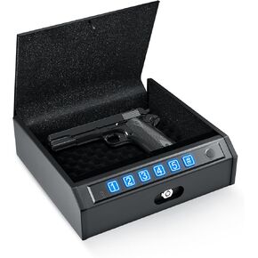 Adimo Photeprint Handgun Safe for 1-2 Pistols ، صندوق القفل الحيوي للوصول السريع مع الضوء الداخلي LED ، الوضع الصامت ، مفاتيح لوحة المفاتيح الإضاءة الخلفية ، رائعة للمطاطس أو المنزل