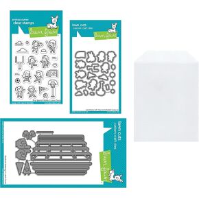 Lawn Fawn Tiny Sports Friends 3"x4" Clear Stamp Set and Stadium Seating Die (LF2865, LF2866, LF2882), 1 Stamp/Die Storage Pocket, Bundle of 4 Items
