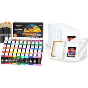 Shuttle Art Stretched Canvas and Acrylic Paint Bundle, Art Painting Supplies Set for 50 Colors Acrylic Paint Bottles (60ml/2oz) & 20 Pack Painting Canvas (5x7", 8x10")