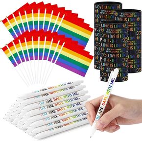 Spakon 150 Pcs/ 50 Set Pride Accessories 50 Progress Rainbow Pride Small Hand Held Flag 50 LGBTQ Silicone Wristband Bracelet 50 Ballpoint Pen for Gay Lesbian Parades Month Party Supplies Decor Stuff