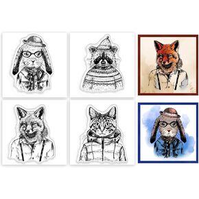 GLOBLELAND 4Pcs Cartoon Animal Clear Stamps for DIY Scrapbooking Dog Raccoon Fox Cat Mini Silicone Clear Stamp Seals Transparent Stamps for Cards Making Photo Album Journal