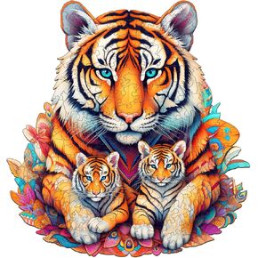 Wooden Puzzles for Adults, Tiger Family (M-190pcs) Wooden Jigsaw Puzzles Kids, 11.2 * 11.8in Unique Shaped Animal Wood Puzzles Adults, Fathers Birthday Family Games