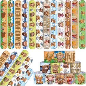 48 PCS Highland Cow Slap Bracelets Highland Cow Party Party Favors Cartoon Animals Wristbands for Kids Boys Girls Cow Baby Shower Party Supplies حفلة عيد ميلاد الجوائز