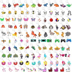 120 PCS Cartoon Keychains for Kids Party Favors Bulk Key Chain with Video Game, Ball, Guitar, Dinosaur, Donut, Glow-in-the-dark Unicorn Keychains Suitable for School Day Birthday Party Supplies Gifts