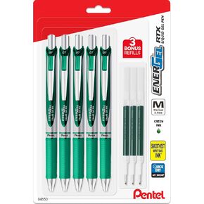 Pentel Energel 0.7 mm Liquid Gel Ink Pens - Pack of 5 Green Deluxe RTX Pens with 3 Refills