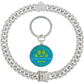 Silver Dog Chain Collar, Walking Diamond Cuban Collar Metal Chain with Secure Buckle, Pet Cuban Crystal Collar Necklace with Pet ID Tags for Small Medium Large Pet