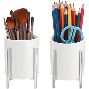 BTSKY Multifunctional Ceremic Organizer Caddy for Desk, Cute Pencil Cup Storage Pot with Metal Rack, Round Makeup Brush Holder for Bedroom Dresser, Practical Kitchen Utensil Holder, Set of 2