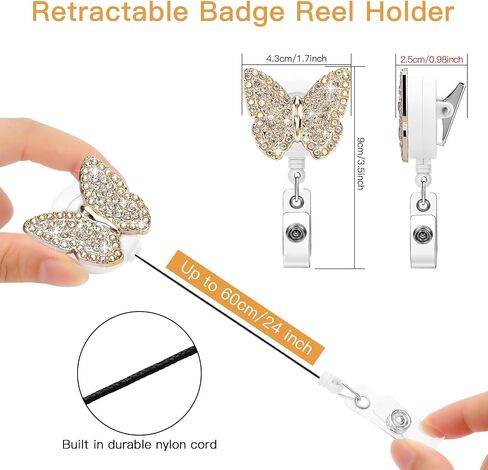 Soleebee 24'' Retractable Badge Reel, Bling Crystal Rhinestones Nurse ID Badge Holder with 360° Swivel Alligator Clip 1 Pack (Butterfly B) in Kuwait
