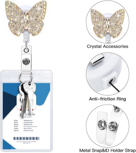Soleebee 24'' Retractable Badge Reel, Bling Crystal Rhinestones Nurse ID Badge Holder with 360° Swivel Alligator Clip 1 Pack (Butterfly B) in Kuwait