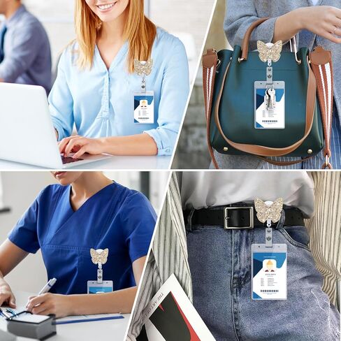 Soleebee 24'' Retractable Badge Reel, Bling Crystal Rhinestones Nurse ID Badge Holder with 360° Swivel Alligator Clip 1 Pack (Butterfly B) in Kuwait