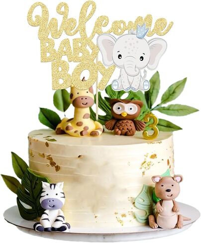 Gyufise Blue Elephant كعكة عيد ميلاد سعيد Topper - Glitter Jungle Animal موضوع اختيار ديكورات للاستحمام الطفل ، لوازم الحفلات الأولاد (1 مساءً) in Saudi Arabia
