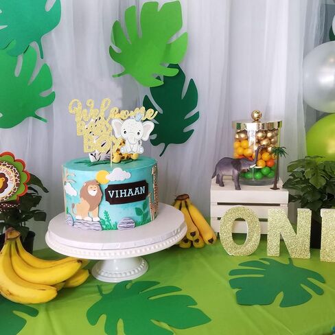 Gyufise Blue Elephant كعكة عيد ميلاد سعيد Topper - Glitter Jungle Animal موضوع اختيار ديكورات للاستحمام الطفل ، لوازم الحفلات الأولاد (1 مساءً) in Saudi Arabia
