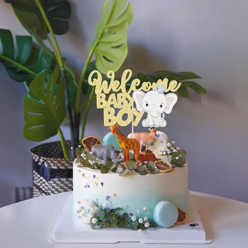 Gyufise Blue Elephant كعكة عيد ميلاد سعيد Topper - Glitter Jungle Animal موضوع اختيار ديكورات للاستحمام الطفل ، لوازم الحفلات الأولاد (1 مساءً) in Saudi Arabia