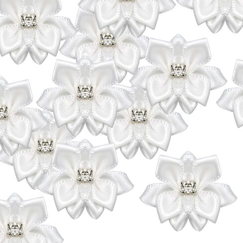 pson 50PCS 1.18 Inch Satin Ribbon Flowers, Tiny Flower Applique, Rose Rhinestone Applique for DIY, Craft, Wreath, Wrapping (White) in Saudi Arabia