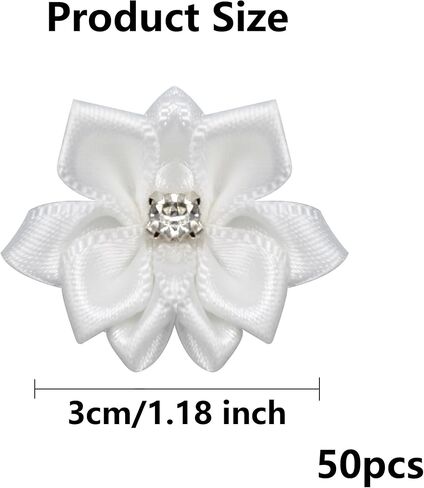 pson 50PCS 1.18 Inch Satin Ribbon Flowers, Tiny Flower Applique, Rose Rhinestone Applique for DIY, Craft, Wreath, Wrapping (White) in Saudi Arabia