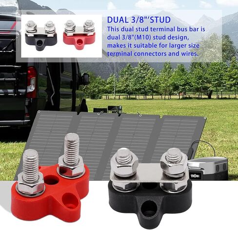 شريط الحافلة 250 أمبير، كتل توزيع الطاقة بمسامير 5/16 بوصة، شريط ناقل البطارية، 12 فولت - 48 فولت تيار مستمر، قضيب بطارية إيجابي وأرضي مع غطاء للنظام الكهربائي الشمسي لقارب السيارة RV، أحمر وأسود، قطعتان in Kuwait
