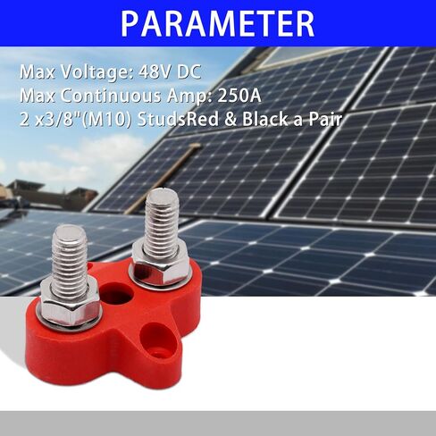 شريط الحافلة 250 أمبير، كتل توزيع الطاقة بمسامير 5/16 بوصة، شريط ناقل البطارية، 12 فولت - 48 فولت تيار مستمر، قضيب بطارية إيجابي وأرضي مع غطاء للنظام الكهربائي الشمسي لقارب السيارة RV، أحمر وأسود، قطعتان in Kuwait