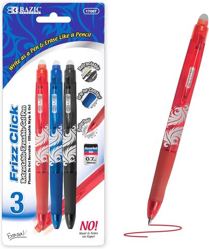 BAZIC Frizz Erasable Gel Pen 0.7mm Assorted Color, Retractable Clicker Fine Point Inks Pens for Drawing Writing for Gift Office School, 1 UNIT, RANDOM COLOR in Saudi Arabia