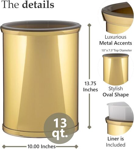 Kraftware Mylar Collection Wastebasket with Plastic Liner, adds Luxurious Style to the Home or Office, Bathroom or Bedroom, 13 Quart, 2 piece set with Liner for Easy Cleanup, Chrome w Chrome Trim in Kuwait