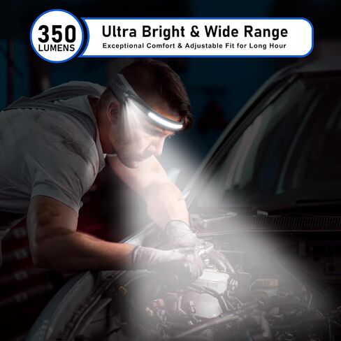 Headlamp Rechargeable, LED Waterproof Headlight for Adults, 230° Headband Light Forehead, Motion Sensor, USB Head lamp Band, 350 Lumen Super Bright, 5 Modes, Comfortable for Running,Fishing,Hiking in Saudi Arabia