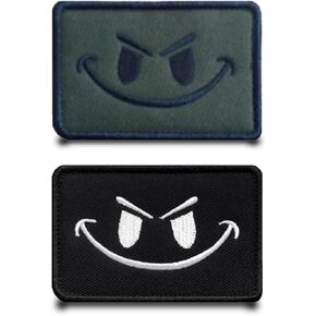 2 Pcs Evil Happy Face DIY Funny Flag Patch Emblem Embroidered Fastener Hook & Loop Applique Tactical Military Patches for Clothes,Jeans,Backpacks,Jacket,Vest,Bags,Caps,Hats