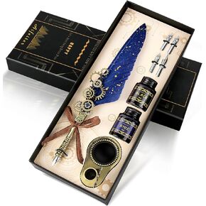Aifeiter Quill Pen Ink Set,Calligraphy Pen Set,Includes:Feather Pen,2 Bottles of Color Ink, 2 in one Holder, 4 Stainless Steel nibs, Black Gift Box-Blue