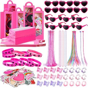 134 PCS Pink Birthday Party Form Favors Princess Birthday Supplies تشمل النظارات الشمسية Heart Rings Beded Beaded Beaded Rigs Hairpins ملصقات هدايا للأطفال