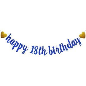 Sunbetterland Blue Glitter Happy 18th Banner ، Pre-Strung ، Supplies Man's Man's 18th Party Party Supplies ، عيد ميلاد سعيد الثامن عشر