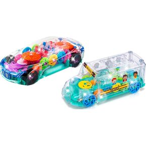 ArtCreativity Light Up Transparent Sensory Car Toy for Kids, 1PC, Bump and Go Toy Car with Colorful Moving Gears & Light Up School Bus Toy for Toddlers - Bump and Go School Toy Bus with Colorful Spinn
