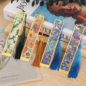 4 Pieces Metal Bookmarks with Tassel, Van Gogh Oil Painting Theme Book Mark Golden Hollow Bookmarks for Reading Book Lovers Readers Women Adults