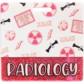 Groovy X-ray Radiology Badge Buddy Card Holder Pink, Skeleton Themed Horizontal ID Name Identification Tags for Nurse Doctor 2025 Grad, Nursing Accessories Glitter Badge Buddy Hospital Work Decor