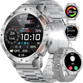Military Smart Watch for Men, Flashlight 100+ Sports Modes Fitness Tracker Smartwatch, 1.43'' AMOLED Display, 5ATM Waterproof, Heart Rate/Sleep Monitor, Mens Smart Watches for Android iOS
